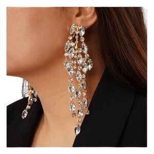 Rhinestone Crystal Long Chain Earrings Gold Sparking Linear Drop Jewelry